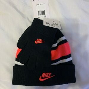 NWT Nike Kids Black Beanie & Glove Set with Neon Pink Stripes